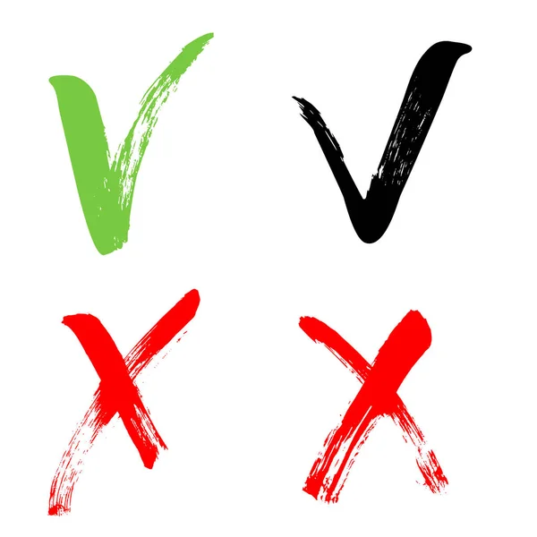 Cruz vermelha e verde grunge carrapato definido para sites. Sinais direitos e errados isolados em fundo branco ilustração de tinta desenhada à mão vetorial. Símbolos Sim e Não — Vetor de Stock