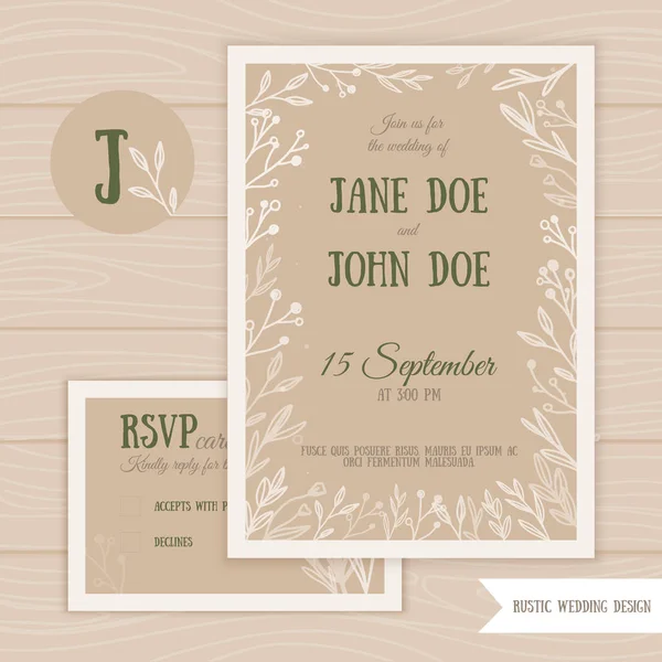 Ensemble de mariage rustique avec carte RSVP avec branches et feuilles sur fond en bois. Vecteur Enregistrer l'illustration Date . — Image vectorielle