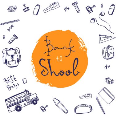 Geri okul afiş doodle elemanları ile beyaz arka plan üzerinde izole. şekil-ebilmek var olmak kullanılmış için tebrik kartları, giysi.