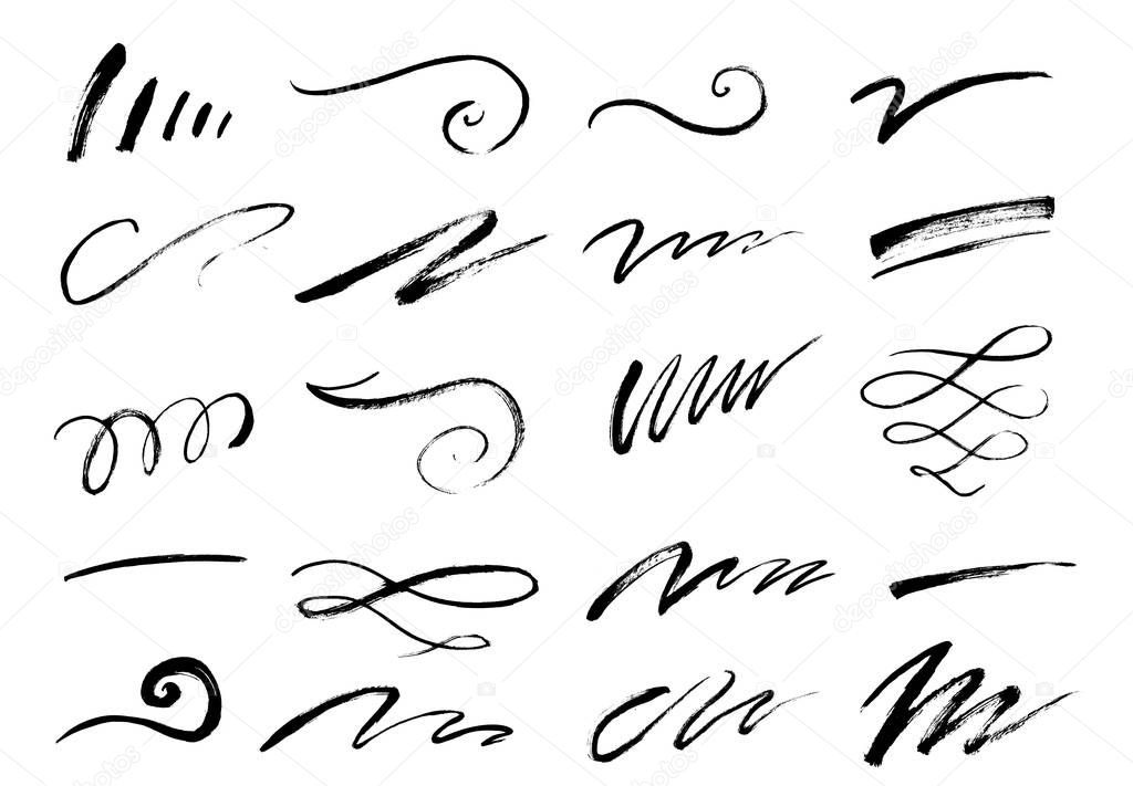 Set of hand drawn lettering and calligraphy swirls, squiggles. Vector ink decorations for composition.