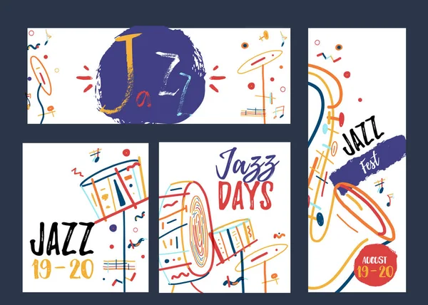 Szabadkézi vonal art Jazz zene banner meg. Zenei fesztivál promóciós kreatív koncepció színes vonalak — Stock Vector