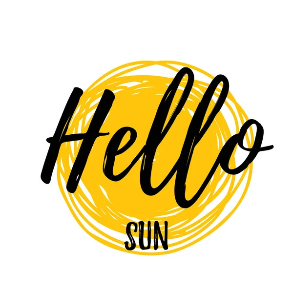 Hello Sun lettering poster with yellow stain on background. — Stock Vector