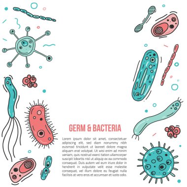 Elle çizilmiş mikrop ve bakteri banner için hastalık virüs flyers, broşürler. Renkli düz vektör çizim.
