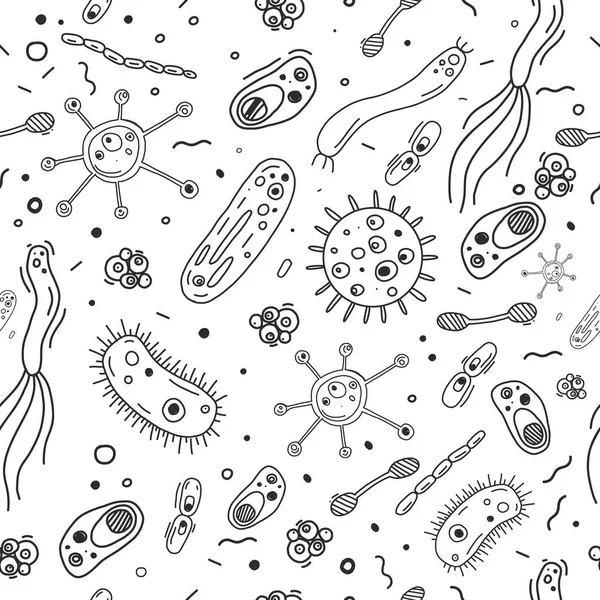 Βακτήρια τα μικρόβια χέρι doodle χωρίς ραφή πρότυπο με μικροοργανισμός κύτταρα σε εικονογράφηση διανυσματικά λευκό φόντο — Διανυσματικό Αρχείο
