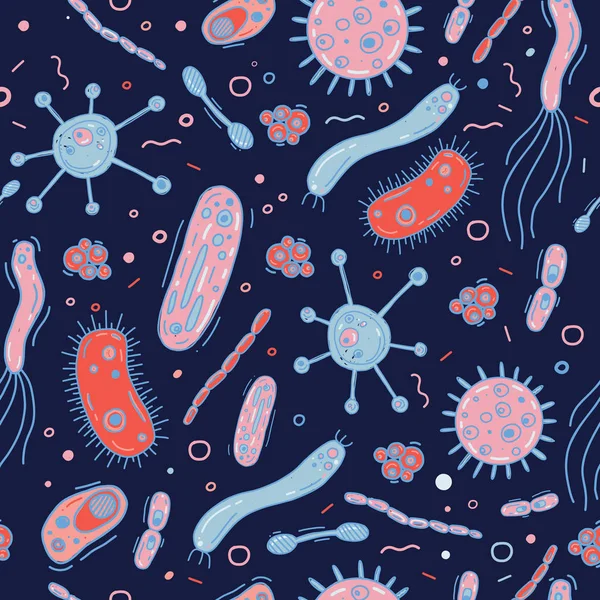 Bacteriën kiemen naadloze patroon aan micro-organisme cellen op donkere achtergrond vectorillustratie — Stockvector