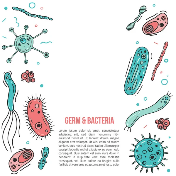 Elle çizilmiş mikrop ve bakteri banner için hastalık virüs flyers, broşürler. Renkli düz vektör çizim.