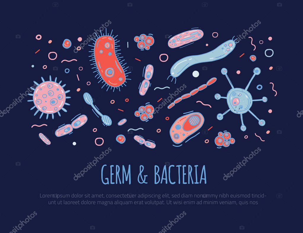 Hand drawn germ and bacteria banner for disease viruses flyers, brochures. Colorful flat vector illustration on dark background