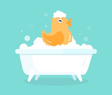 Sevimli çizgi sarı ördek banyo sabunlu kabarcıkları ile. Kauçuk oyuncak hijyen zaman zevk. Vektör tasarımı