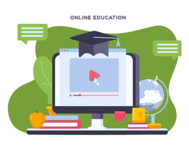 Online eğitim kavramı ile defter ve çalışma nesneleri, şapka, kalem, kitap. Modern eğitim play düğmesini ve işaretçi ile öğrenme sitede. vektör çizim.