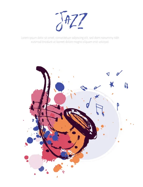 Grunge freehand Jazz Banner musical con saxofón. Ilustración dibujada a mano con pinceladas para festival . — Archivo Imágenes Vectoriales