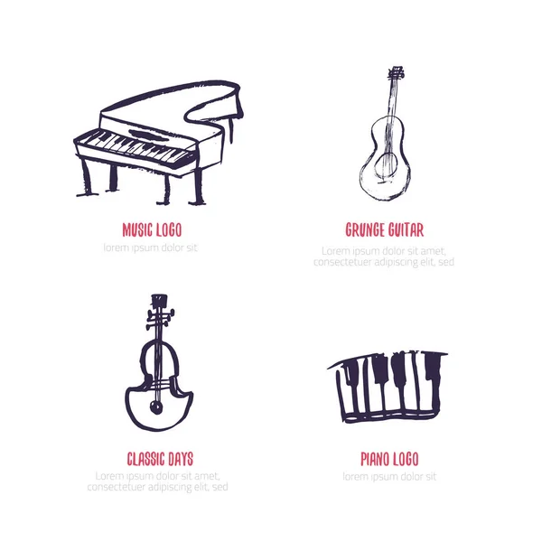 Set di logo musicale vettoriale. Stile grunge a mano libera con pianoforte, chitarra — Vettoriale Stock