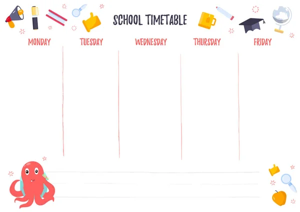 Χρονοδιάγραμμα το σχολείο για μαθητές και φοιτητές με 5 ημέρες της εβδομάδας με επίπεδη σχολικά και χταπόδι — Διανυσματικό Αρχείο