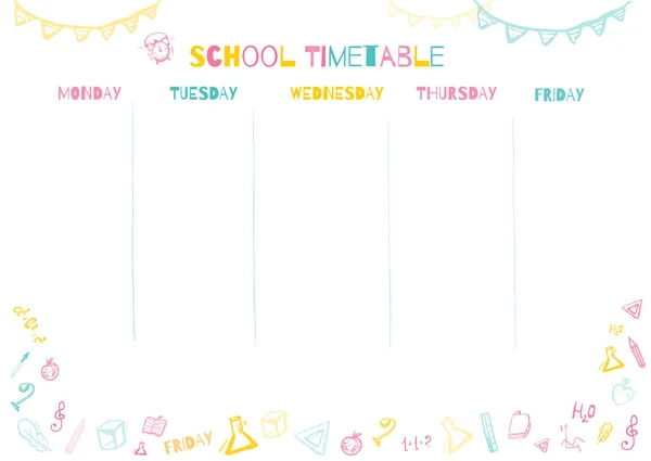 School timetable for pupils or students with 5 days of week with doodle colorful school supplies. Organize your day — Stock Vector