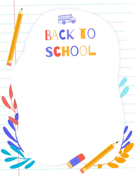 Back to school frame for pupils or students with space for text and notes and flat school supplies, pencil, leaves — Stock Vector