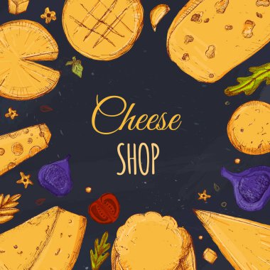 Kroki peynir afiş. Restoran menü farklı türleri mozzarella, gauda, maasdam ile hazırlanmış kağıt üzerinde siyah arka plan üzerine beyaz izole. Vektör çizim