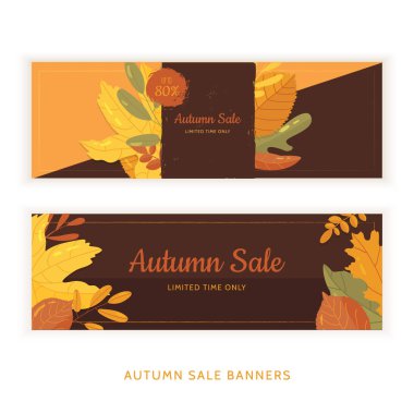 Düz sonbahar dizi afiş grunge etiketlerle koyu arka plan üzerinde bırakır. Mevsimlik promosyon