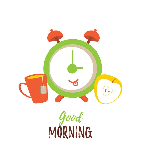 Good morning cartoon poster with cute tea cup, apple and clock. Vector flat design. — Stock Vector