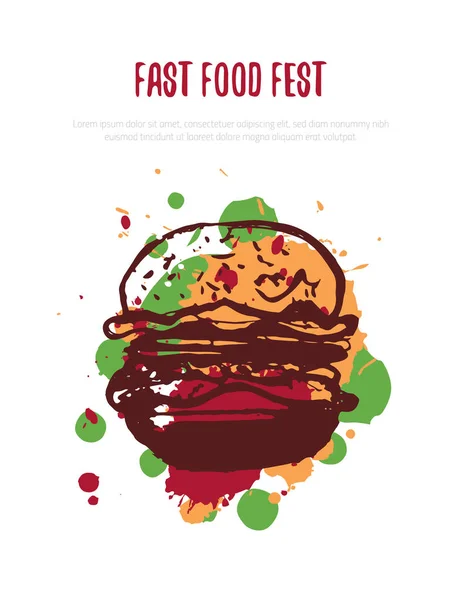 Cartel dibujado a mano hamburguesa, menú de diseño de banner. Logotipo conceptual con salpicaduras para restaurante de comida rápida, cafetería. Aislado sobre fondo blanco. Ilustración vectorial . — Vector de stock