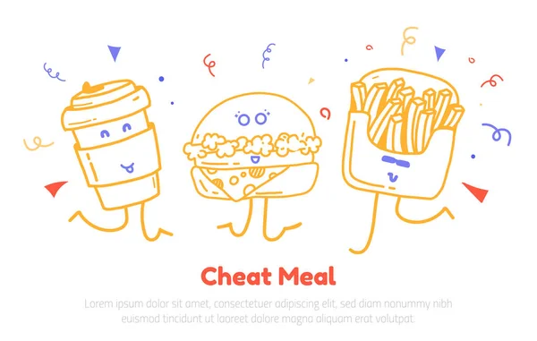 Fuska måltid dagen affisch kort med söta figurer hamburgare, cup och frites modern design för främjande — Stock vektor
