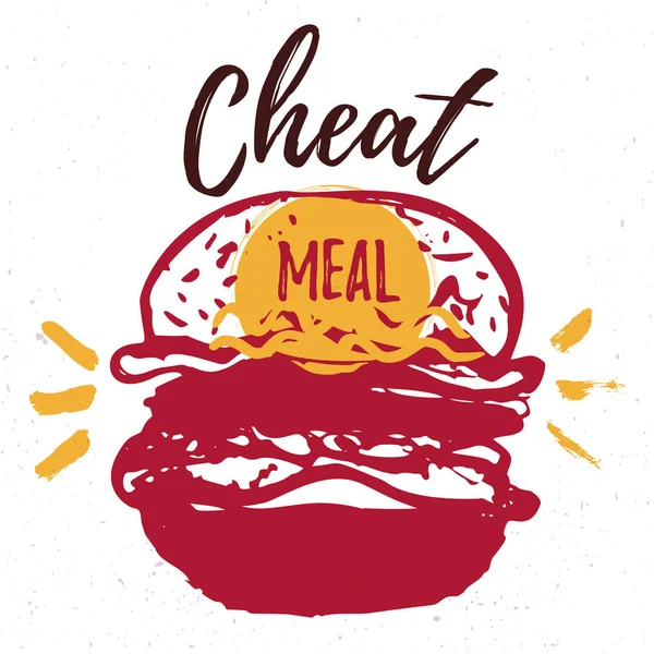 Fuska måltid med handritad Burger etikett, badge. Emblem för snabbmatsrestaurang, café. Isolerade på vit bakgrund. Vektorillustration. — Stock vektor