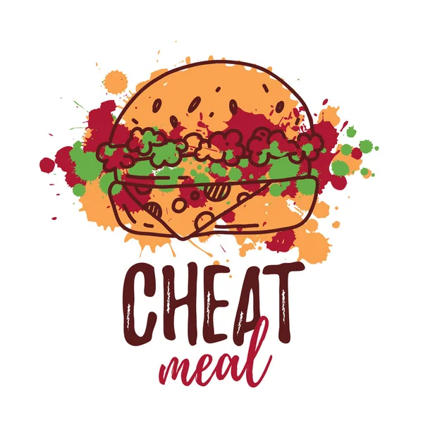 Cheat Repas avec étiquette Burger dessinée à la main, badge. Emblème du fast-food, café. Isolé sur fond blanc. Illustration vectorielle . — Image vectorielle