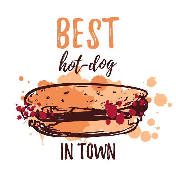 Meilleur modèle de conception d'affiche Hot dog avec illustration vectorielle dessinée à la main et éclaboussures d'aquarelle . — Image vectorielle