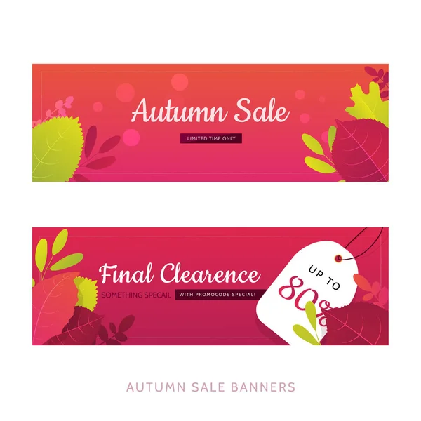Banner mit flachen Herbstblättern auf rotem Hintergrund. Saisonale Förderung mit weißer Plakette — Stockvektor