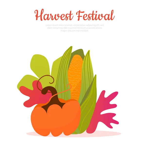 Diseño del cartel del festival de la cosecha con calabaza y hojas, callos. Ilustración vectorial aislada sobre fondo blanco . — Archivo Imágenes Vectoriales
