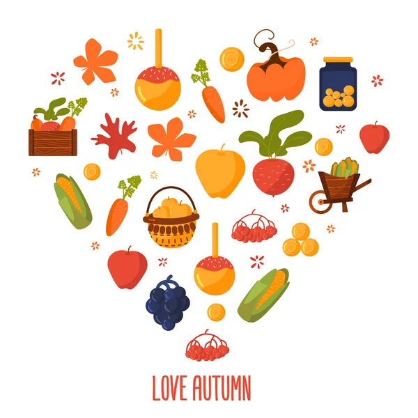 Love őszi üdvözlés kártya-val karikatúra esik objektumok elszigetelt fehér. Vector design sablon, a póló nyomtatás. — Stock Vector
