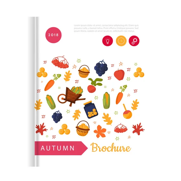 Brochura com folhas de outono, abóbora, cenoura e outros objetos de colheita queda. Design promocional vetorial . — Vetor de Stock