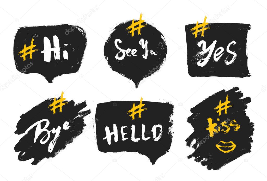 Set of bubble banners with hashtags. trendy design for young slang words. Vector illustration.