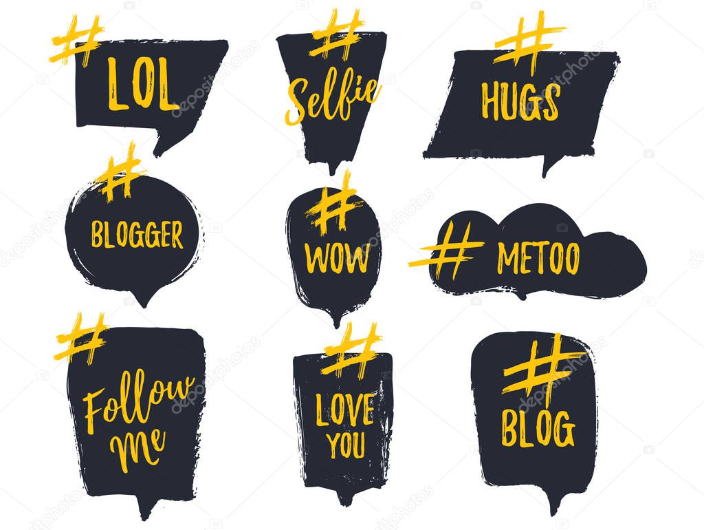 Set of bubble banners with hashtags. trendy design for young slang words. Vector illustration.