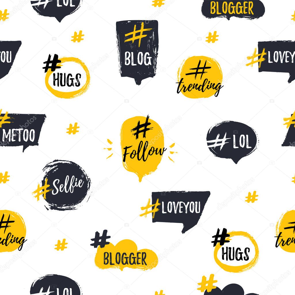 Hashtag bubble seamless pattern with trendy young slang words. Blogging Vector illustration.