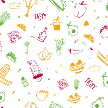 Taco, chiliburrito ile renkli doodle kroki Meksika Dikişsiz desen tasarım