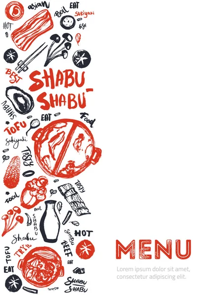 Plantilla de restaurante shabu sukiyaki moderna con garabatos grunge y letras. Diseño de plantilla de vector asiático — Vector de stock