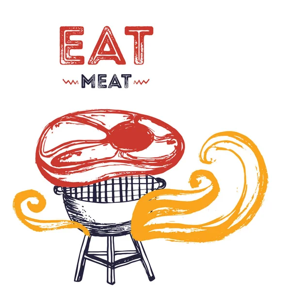 BBQ grunge doodle affisch inbjudan i fyrkantigt format. Grillfest part flyer. Grill illustration med kött och eld flammor. Kan användas för menyn affisch. — Stock vektor