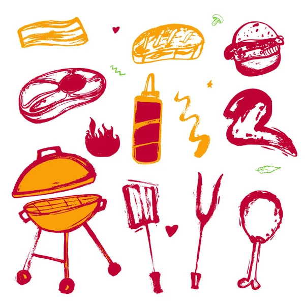 Set grunge de barbacoa para tu fiesta con iconos y marco de parrilla dibujados a mano. BBQ vintage restaurante fondo . — Vector de stock