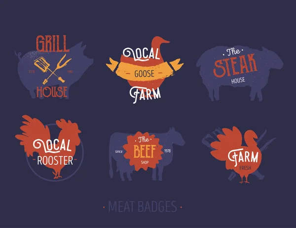 Meghatározott húsipari farm jelvények címkéket. Farm sertés, lúd, marha vektor ikon-val szöveg. Vintage logó — Stock Vector
