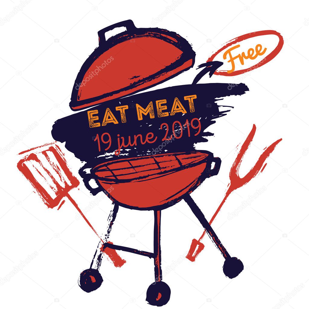 BBQ grunge doodle poster invitatation in square format. Barbecue party flyer. Grill illustration with meat. Can be used for menu, poster.