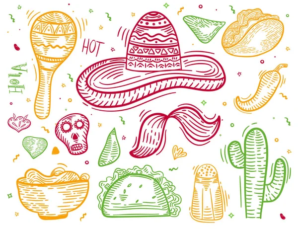 Ikon gaya ukiran sketsa Meksiko berwarna yang diset dengan lada Chili, sombrero, taco, nacho, burrito untuk spanduk, menu, promosi - Stok Vektor