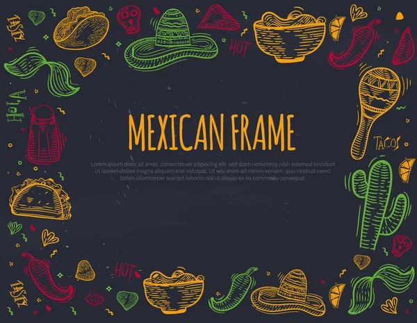 Bingkai ikon sketsa Meksiko dengan lada Chili, sombrero, taco, nacho, burrito untuk spanduk, menu, promosi diisolasi di latar belakang papan tulis dengan tempat untuk teks - Stok Vektor