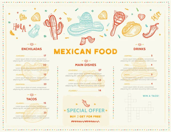 Mexican Food Restaurant menu, template design with sketch icons of Chili pepper, sombrero, tacos, nacho, burrito.Chalkboard Folleto de comida para promoción, banner del sitio — Vector de stock