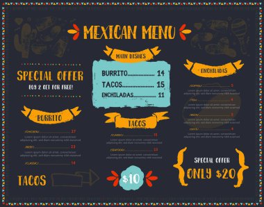 Grunge Meksikalı gıda restoran menü, şablon tasarım ile kroki simgeler biber biber, fötr şapka, tacos, nacho, börek. Promosyon, site banner kara tahta gıda el ilanı