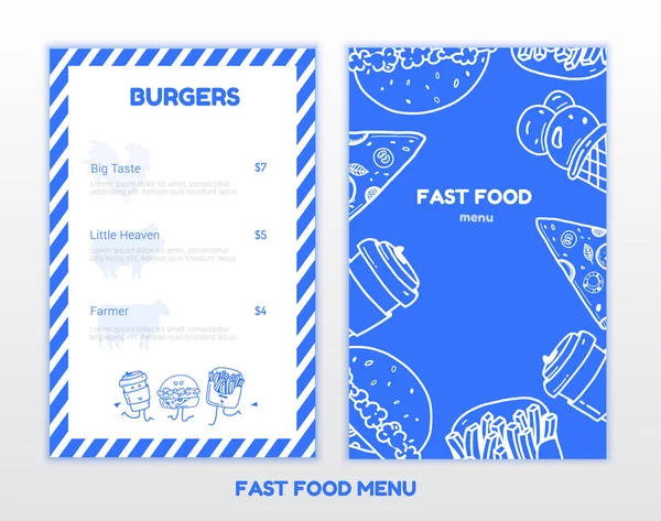 Moderne fastfood doodle menu ontwerp in blauwe kleuren. Ongewenste maaltijd Cover voor restaurant of café menu ontwerp. — Stockvector
