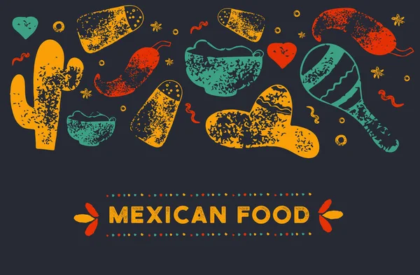 Grunge mexické restaurace menu, šablony návrhu s skica ikony Chili pepper, sombrero, tacos, nacho, burrito. Tabuli letec pro propagaci, web banner — Stockový vektor
