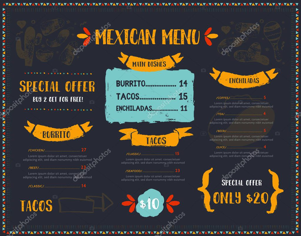Grunge Mexican Food Restaurant menu, template design with sketch icons of Chili pepper, sombrero, tacos, nacho, burrito.Chalkboard Food flyer for promotion, site banner.