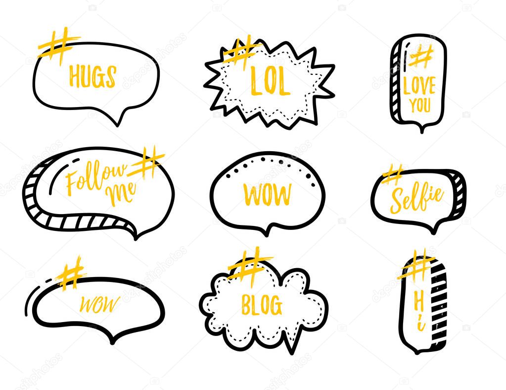 Set of bubble banners with hashtags. trendy design for young slang words. Vector illustration.