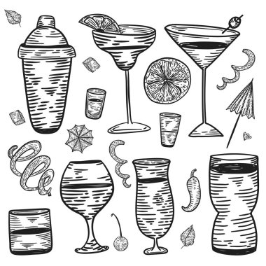 Kokteyl menü kümesi içinde stil tasarımınız için oyma doodle mojito, margarita, mavi lagün, long Island içecekler