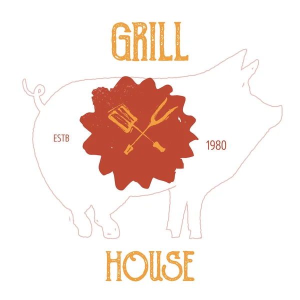 Style grunge vintage logo de porc design. Badge porcelet pour menu restaurant. Symbole de grille de boucherie — Image vectorielle