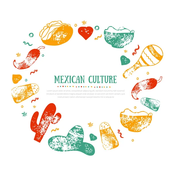 Grunge Mexican Culture frame for Food Restaurant menu, logo, desain templat dengan sketsa ikon cabai, sombrero, tacos, nacho, burrito . - Stok Vektor